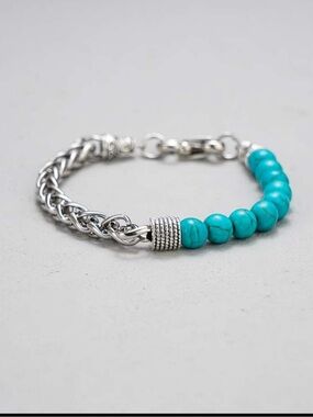 Turquoise Bead & Silver Chain Bracelet